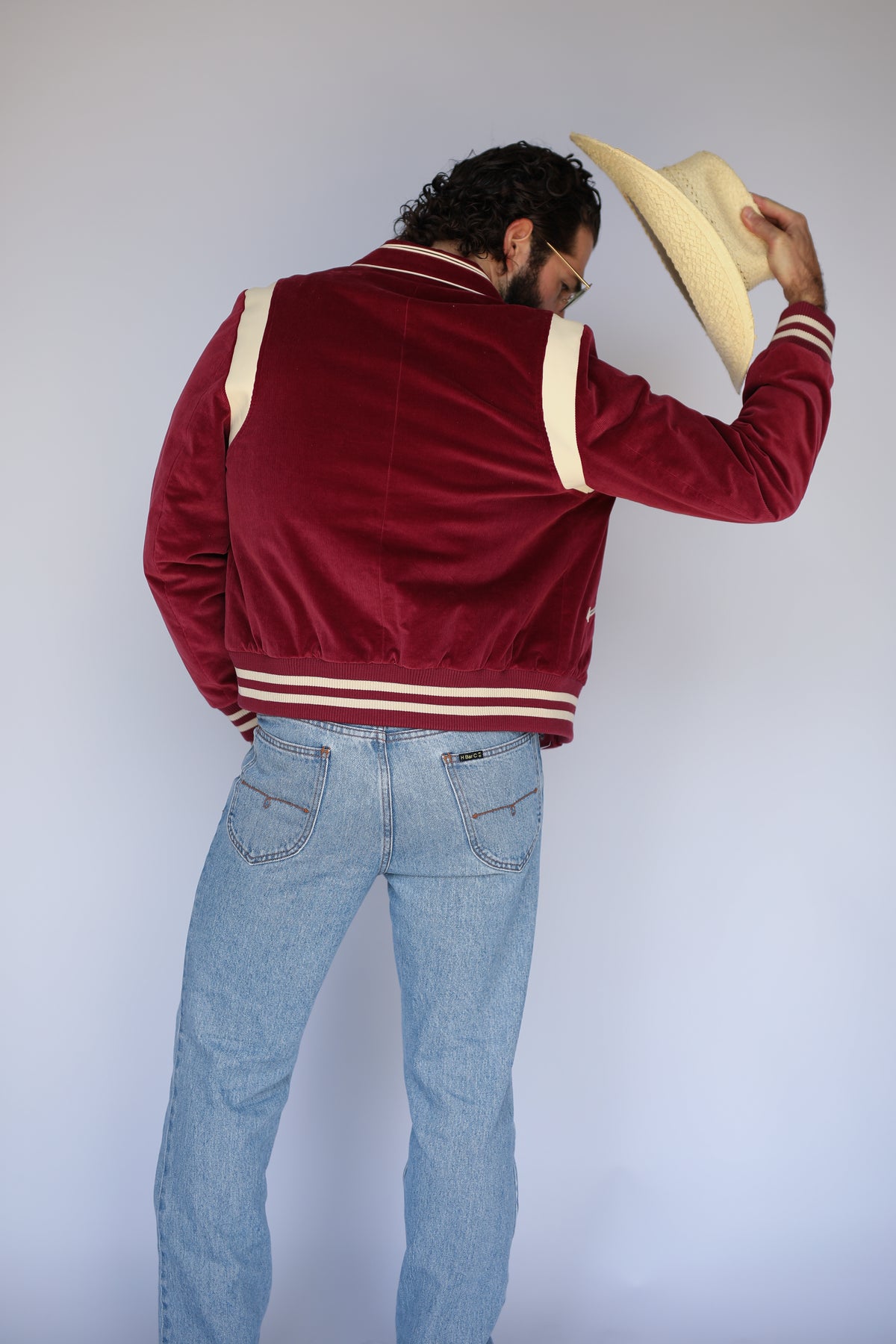 Back view of the H Bar C Silver Lake maroon corduroy jacket with cream shoulder panels.