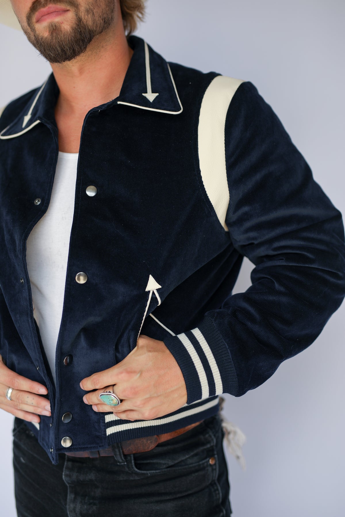 Close-up of the H Bar C Silver Lake navy corduroy jacket with cream lambskin shoulder panels.