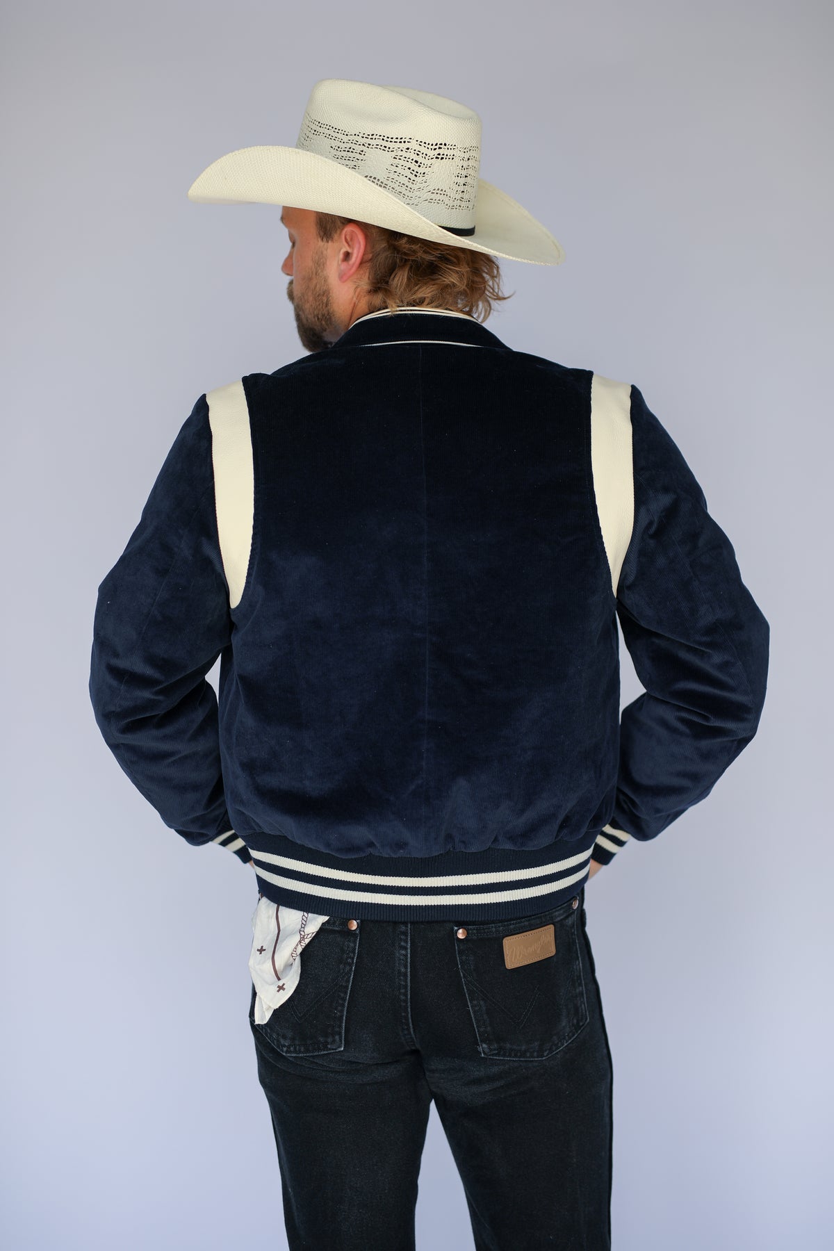 Back view of the H Bar C Silver Lake navy corduroy unisex jacket.