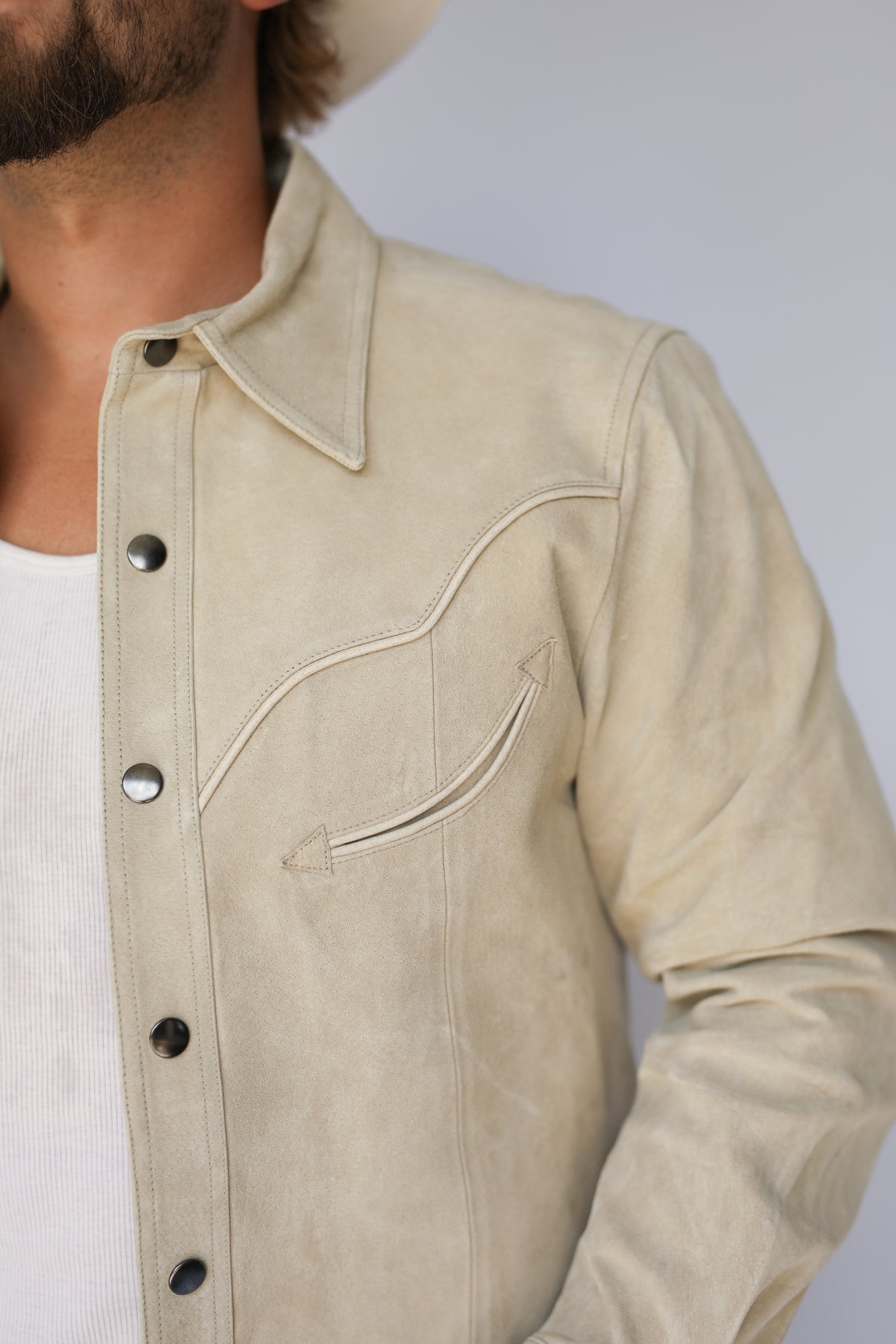 Close-up of the suede texture, collar, and snap placket on the H Bar C Austin stone jacket.