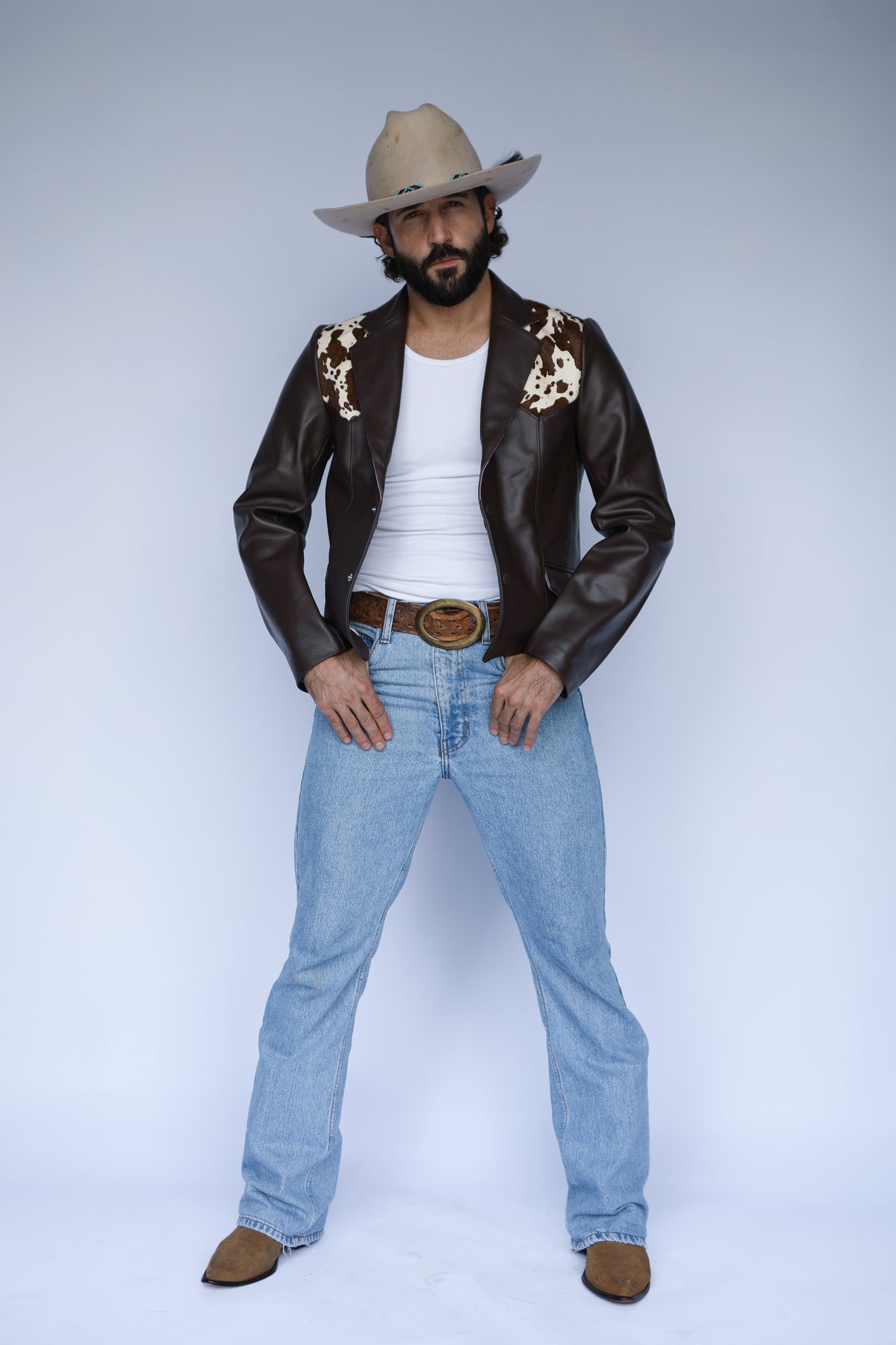 H Bar C Cody leather jacket with cowhide yoke, styled with straight leg jeans.