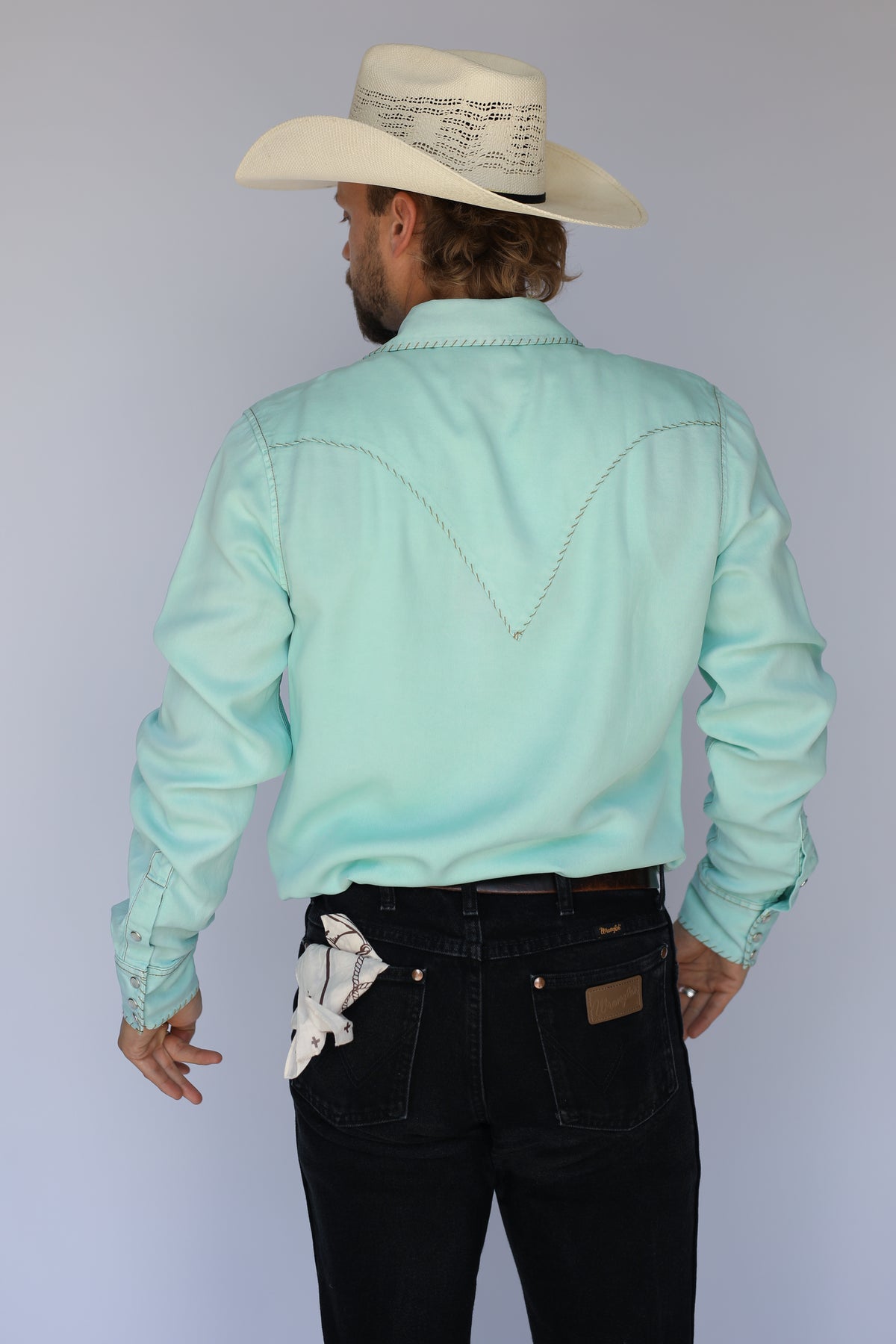 Back view of the H Bar C Brooklyn turquoise western shirt with stitched one point back yoke.