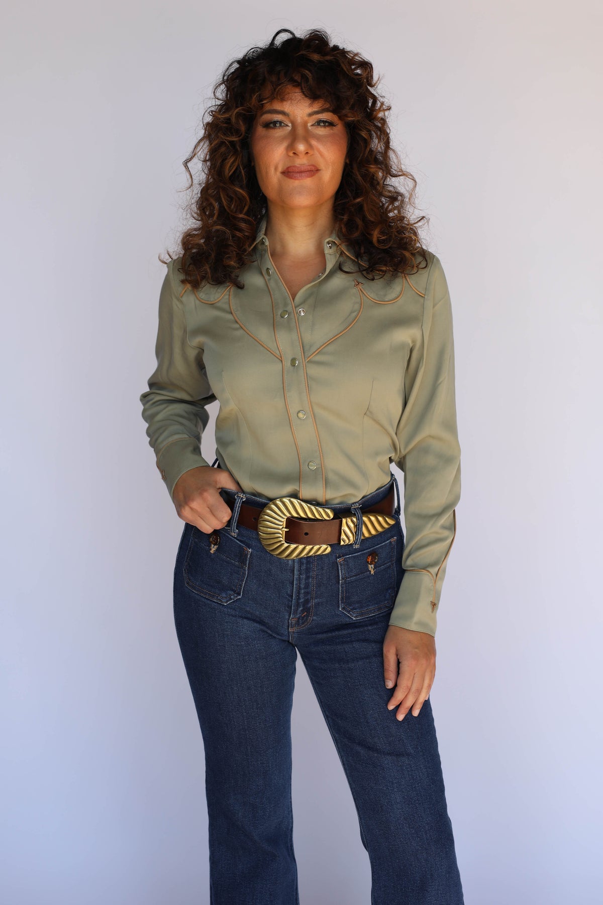 Full front view of the H Bar C Lake Tahoe green western shirt for women with snap front and cuffs.