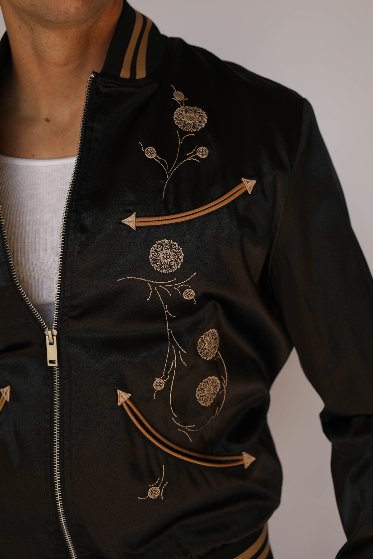 Close-up of the Gibson J-200 inspired floral embroidery on the black satin H Bar C Odessa jacket, vintage inspired western wear detail.