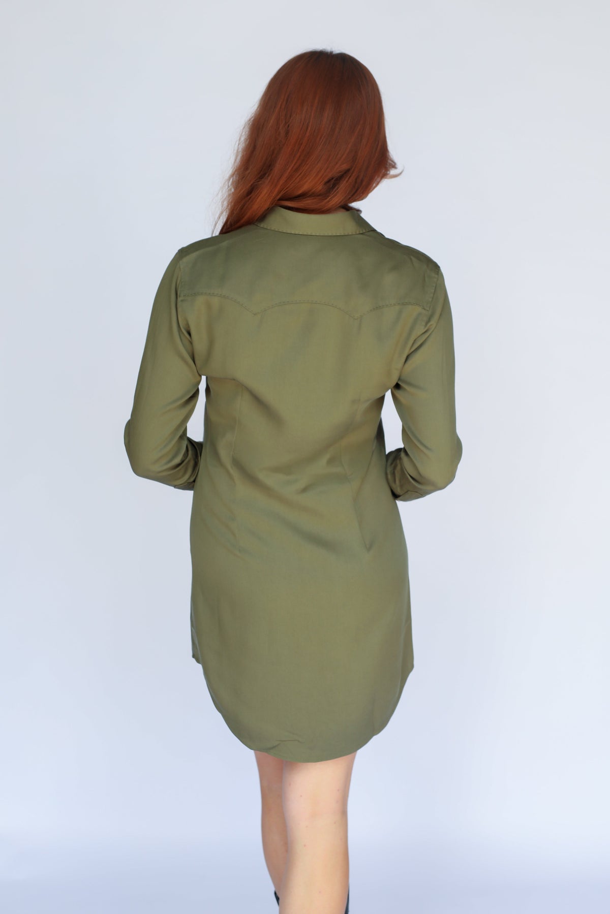 Back view of the H Bar C Savannah green long sleeve western shirt dress.