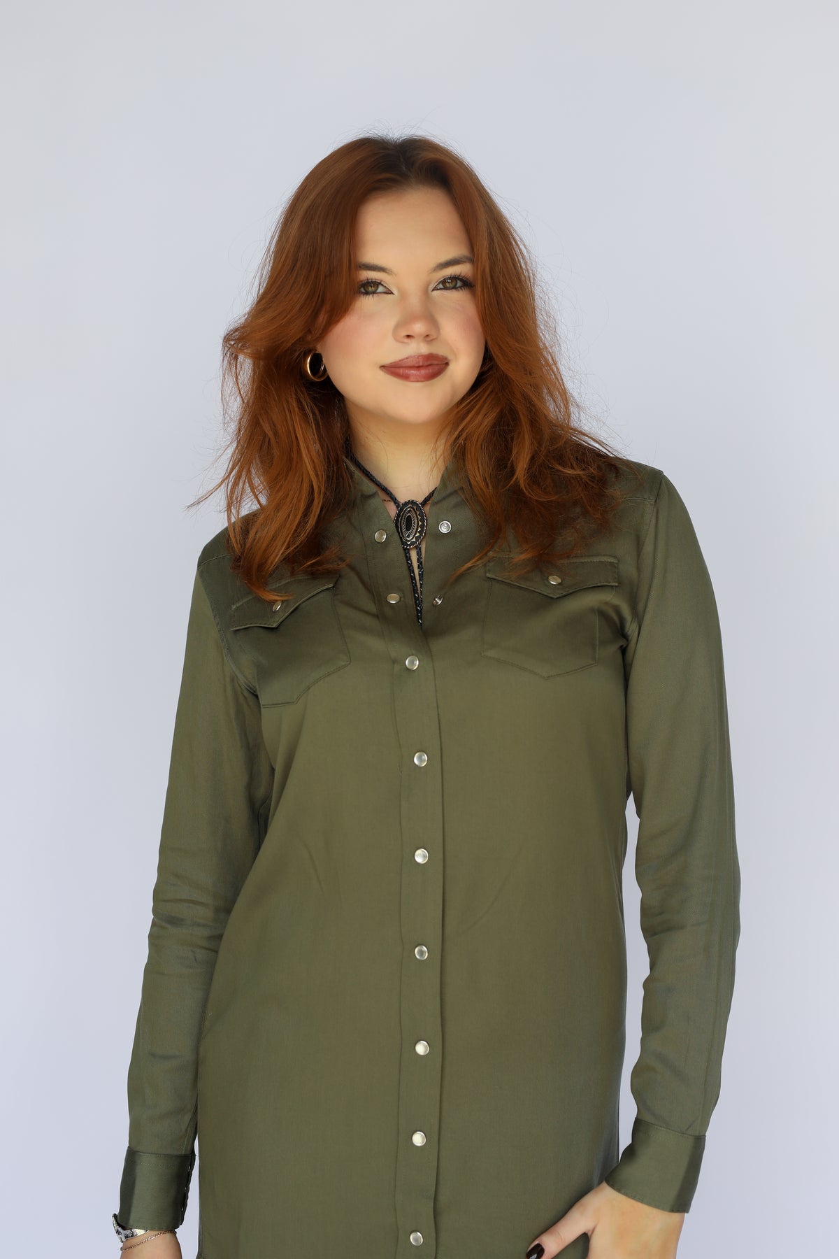 Front view of the H Bar C Savannah women's olive shirt dress.
