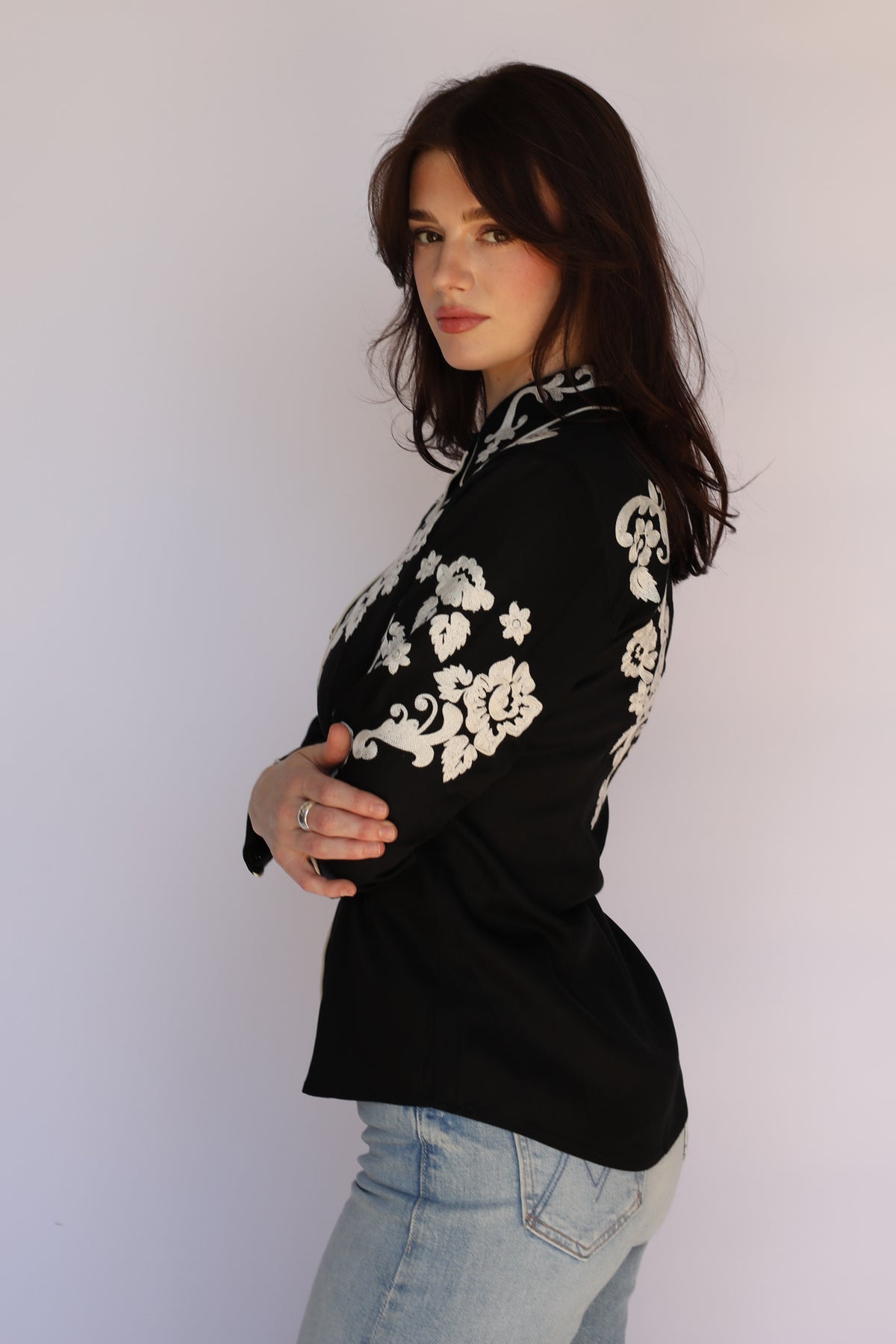Front view of the H Bar C Fort Worth women's black and ivory embroidered shirt, vintage inspired western wear.