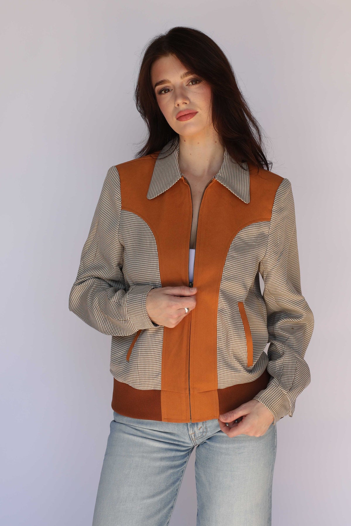 H Bar C Kentucky brown western jacket on a female model, unisex vintage western wear.
