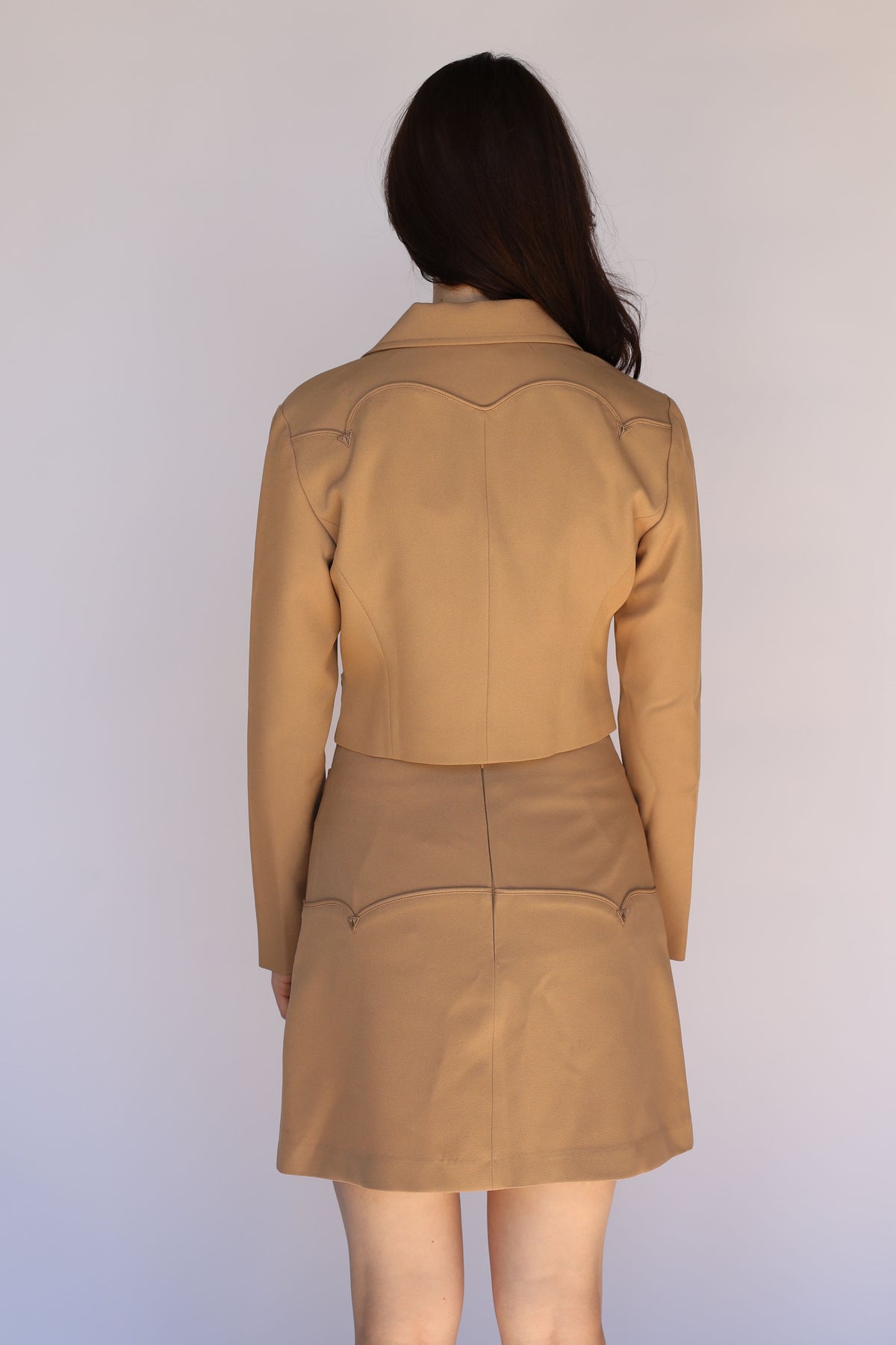 Full length view of the H Bar C Raleigh tan western suit with belted skirt, vintage inspired western wear.