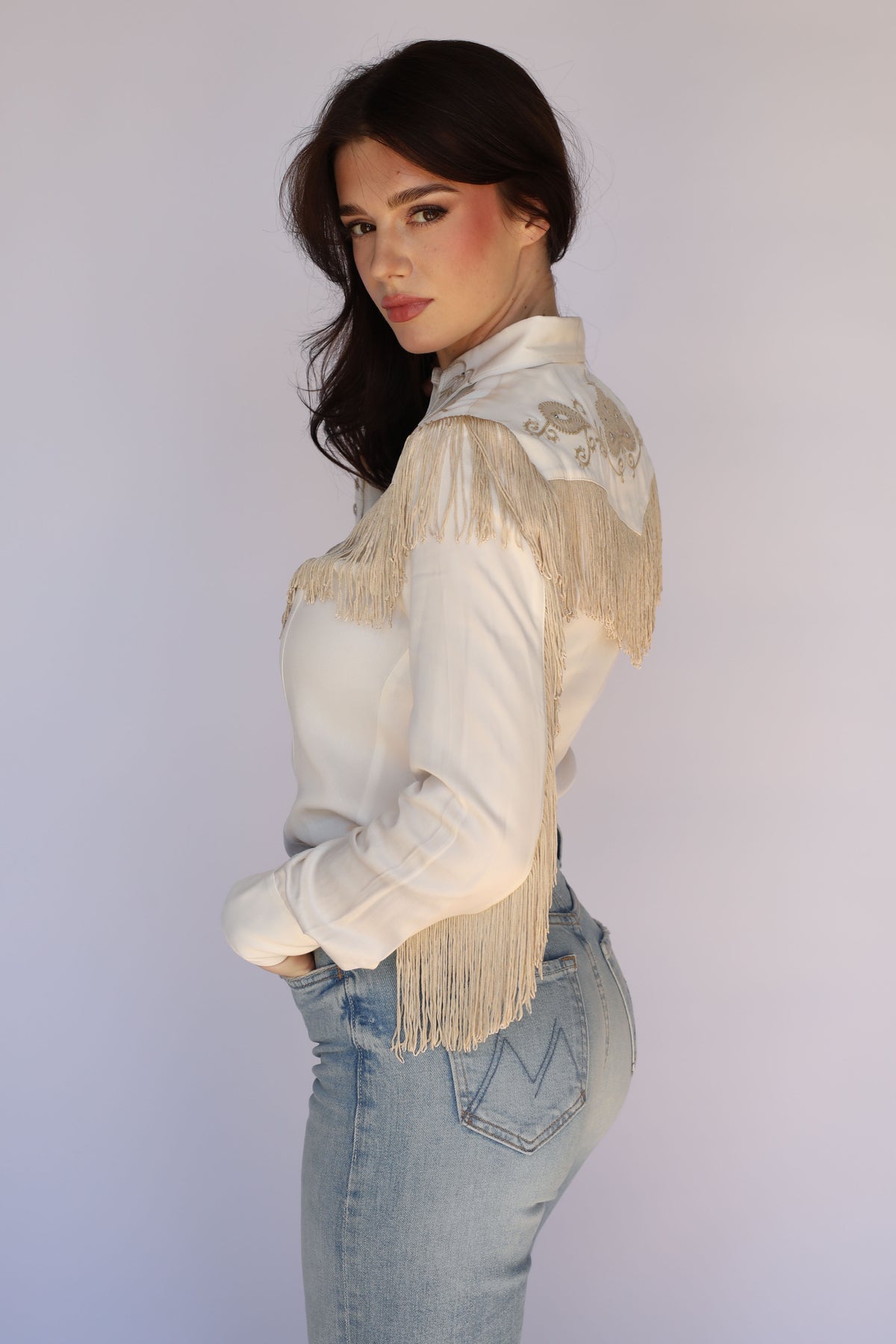 H Bar C Taos women's white western shirt with fringe, full length view with jeans.
