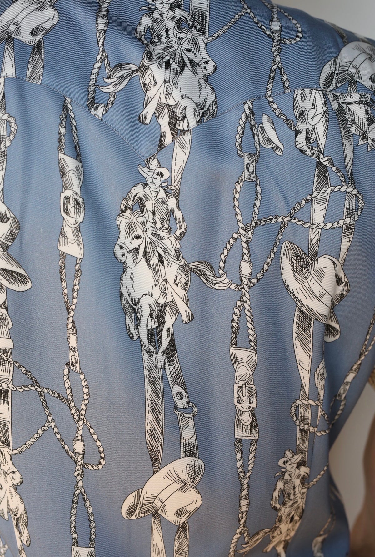 Fabric detail of the blue and cream western print on the H Bar C Newport Breckenridge shirt.