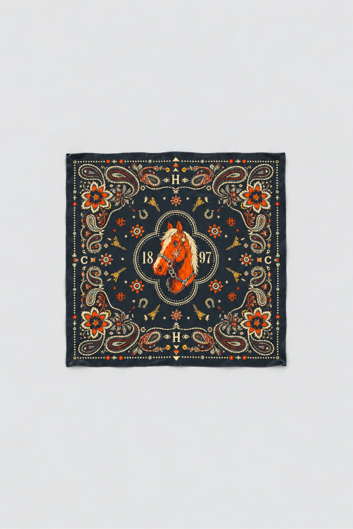 H Bar C Navy Floral Horse silk scarf laid flat, a 75 cm navy western bandana with a chestnut horse 1897 medallion, red paisley, and florals.