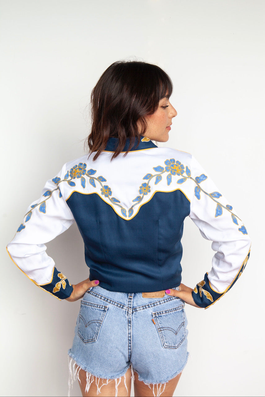 Three-quarter view of the H Bar C Charleston blue and white chain stitch western shirt.