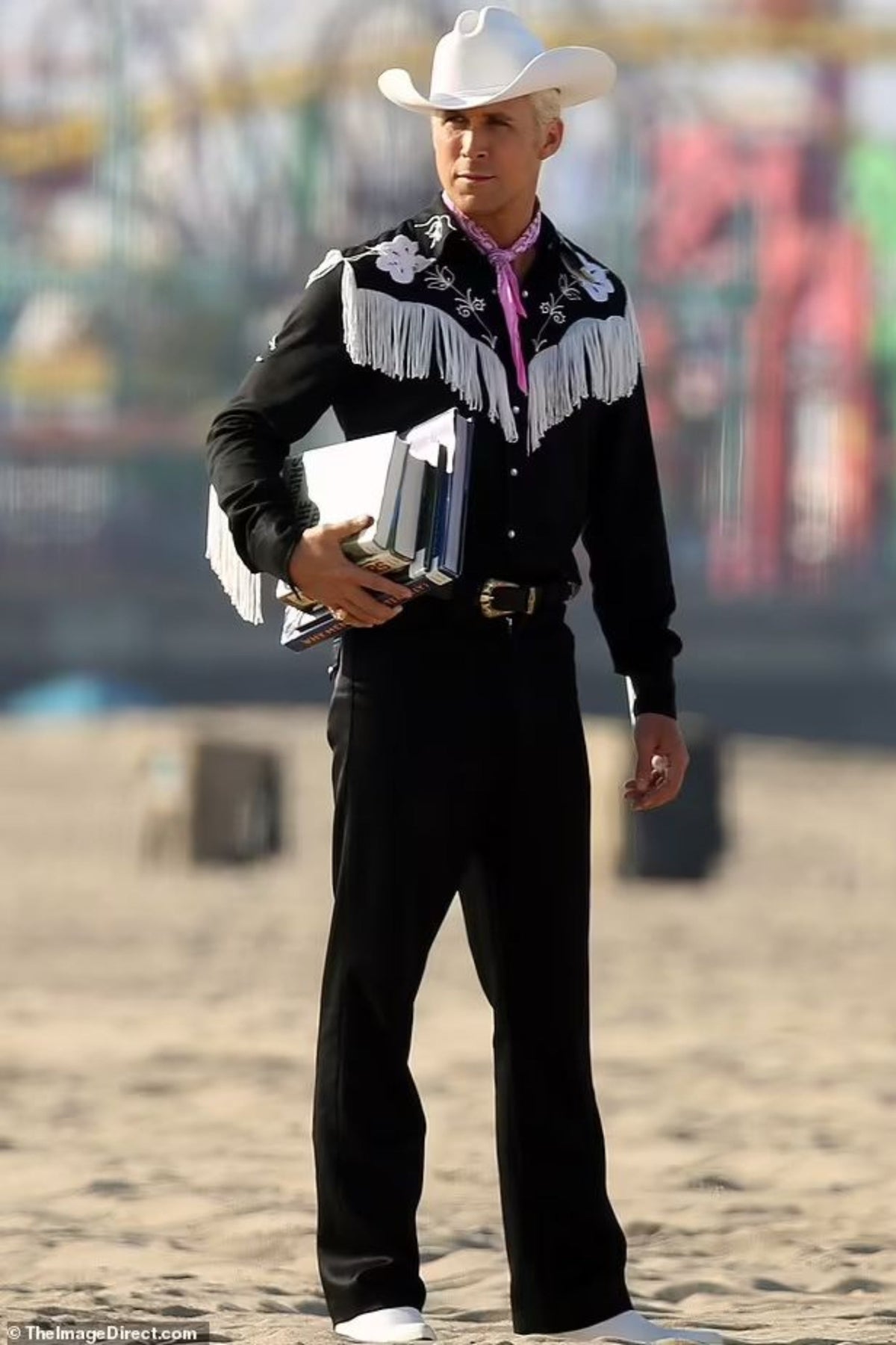Ryan Gosling as Ken in Barbie (2023) wearing the H Bar C Taos black and white fringe western shirt.