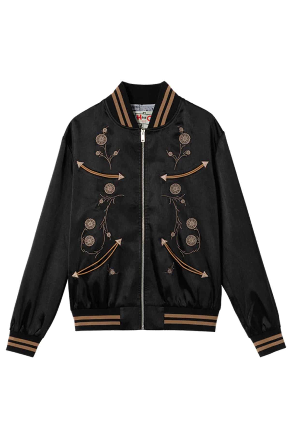 Flat front view of the HBarC x Gibson J-200 Odessa unisex jacket in black satin with tan floral embroidery and striped ribbing.
