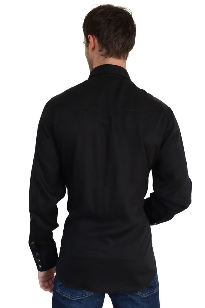 Back view of the H Bar C Kansas City black shirt showing the triple back yoke.