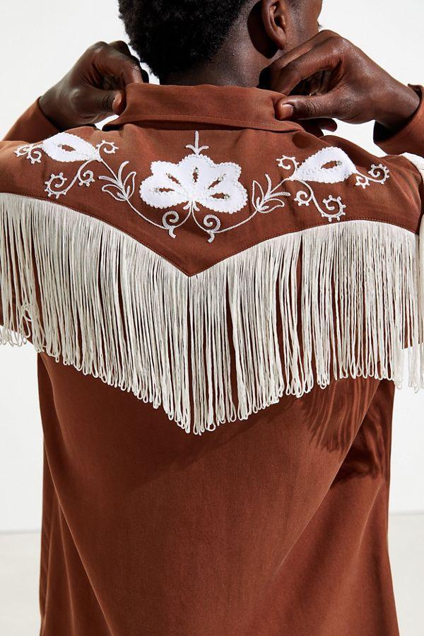 Back view of the H Bar C Taos brown shirt with white fringe and embroidered back yoke.