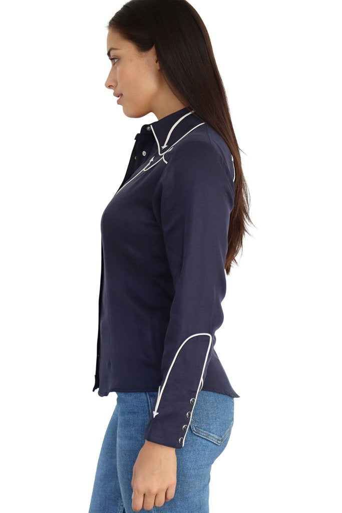 Side profile of the H Bar C Lake Tahoe navy women's western shirt with white piped cuffs.