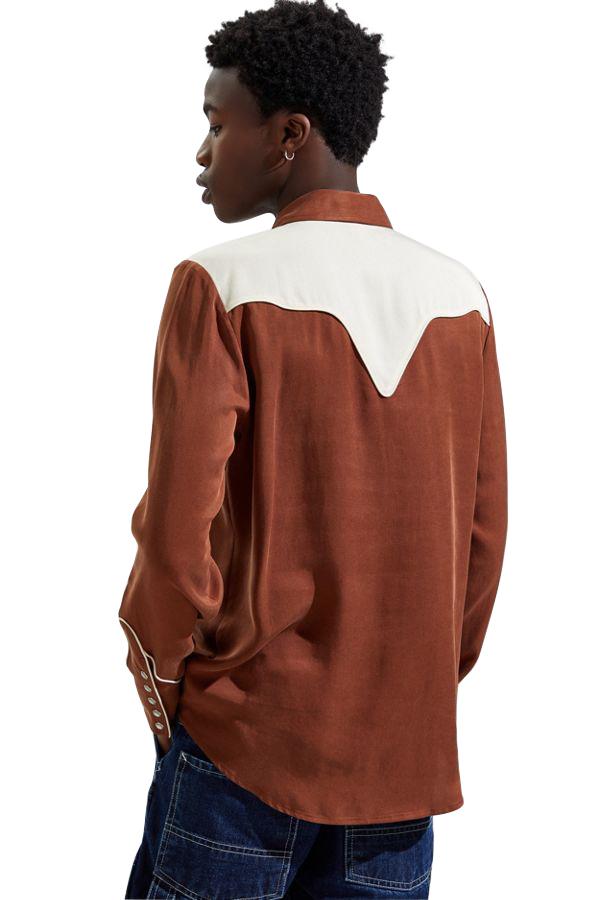 Back view of the H Bar C San Juan brown western shirt with cream back yoke.