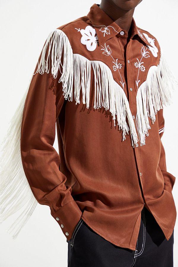 Close-up of the white fringe and floral embroidery on the H Bar C Taos men's brown shirt.