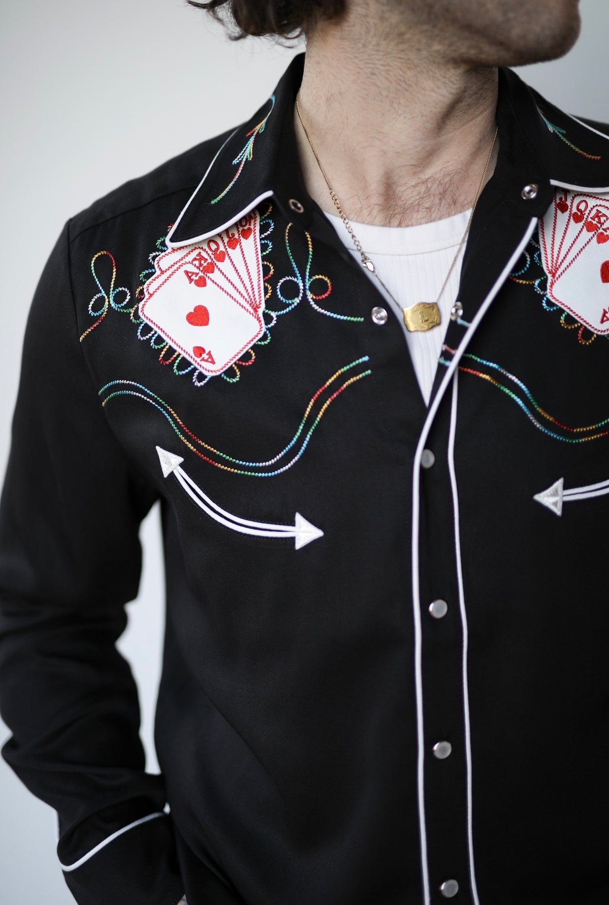 Yoke detail of the H Bar C Royal Flush shirt showing embroidered playing cards and pearl snaps.