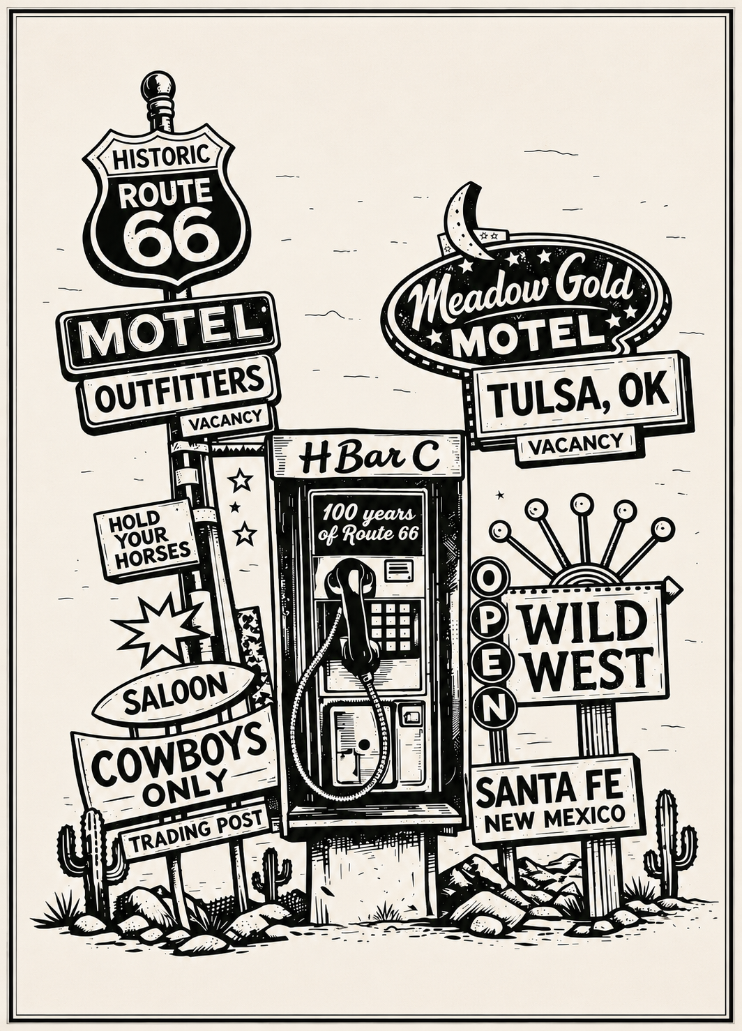 H Bar C Route 66 graphic postcard with a retro Santa Fe, New Mexico motel scene, signs, payphone and cacti.