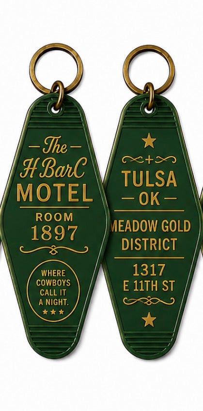 Green H Bar C Motel Room 1897 keychain and its back reading Tulsa OK Meadow Gold District, a Route 66 souvenir key fob.