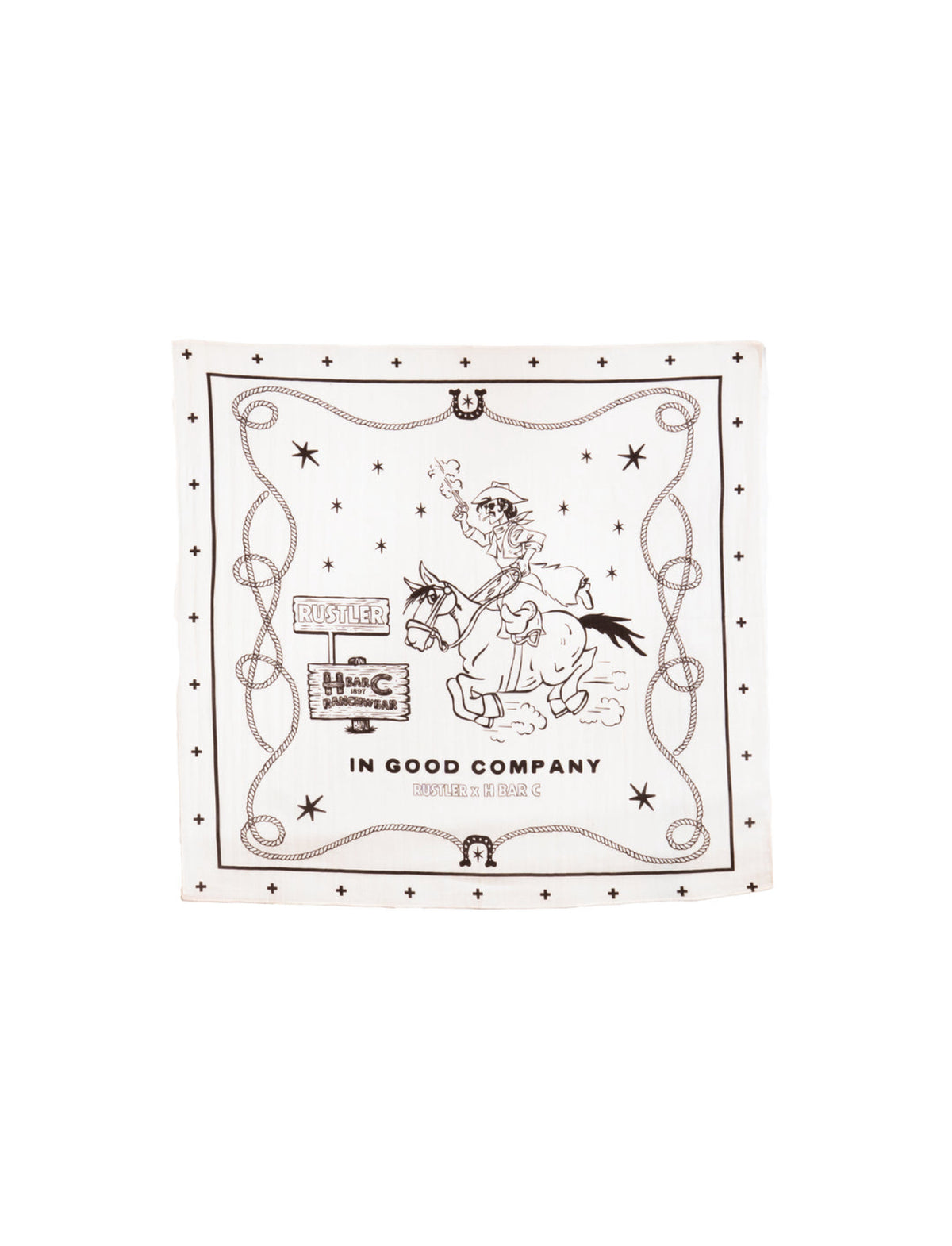 Flat lay of the H Bar C x Rustler cotton bandana with rope border, western icons, and H Bar C Ranchwear sign graphic.
