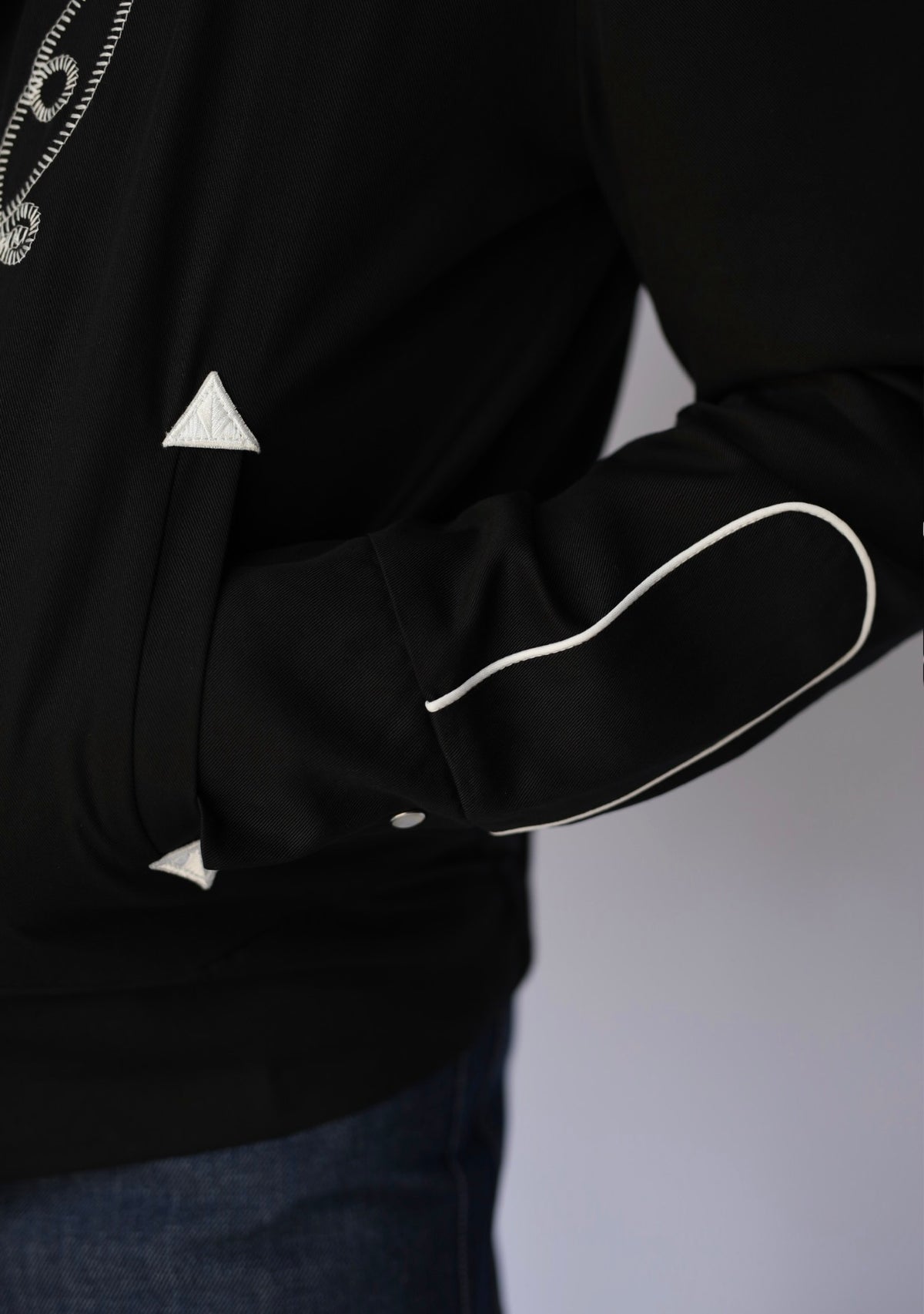 Close-up of the white piping and trim on the H Bar C Bolero El Patrón black jacket.