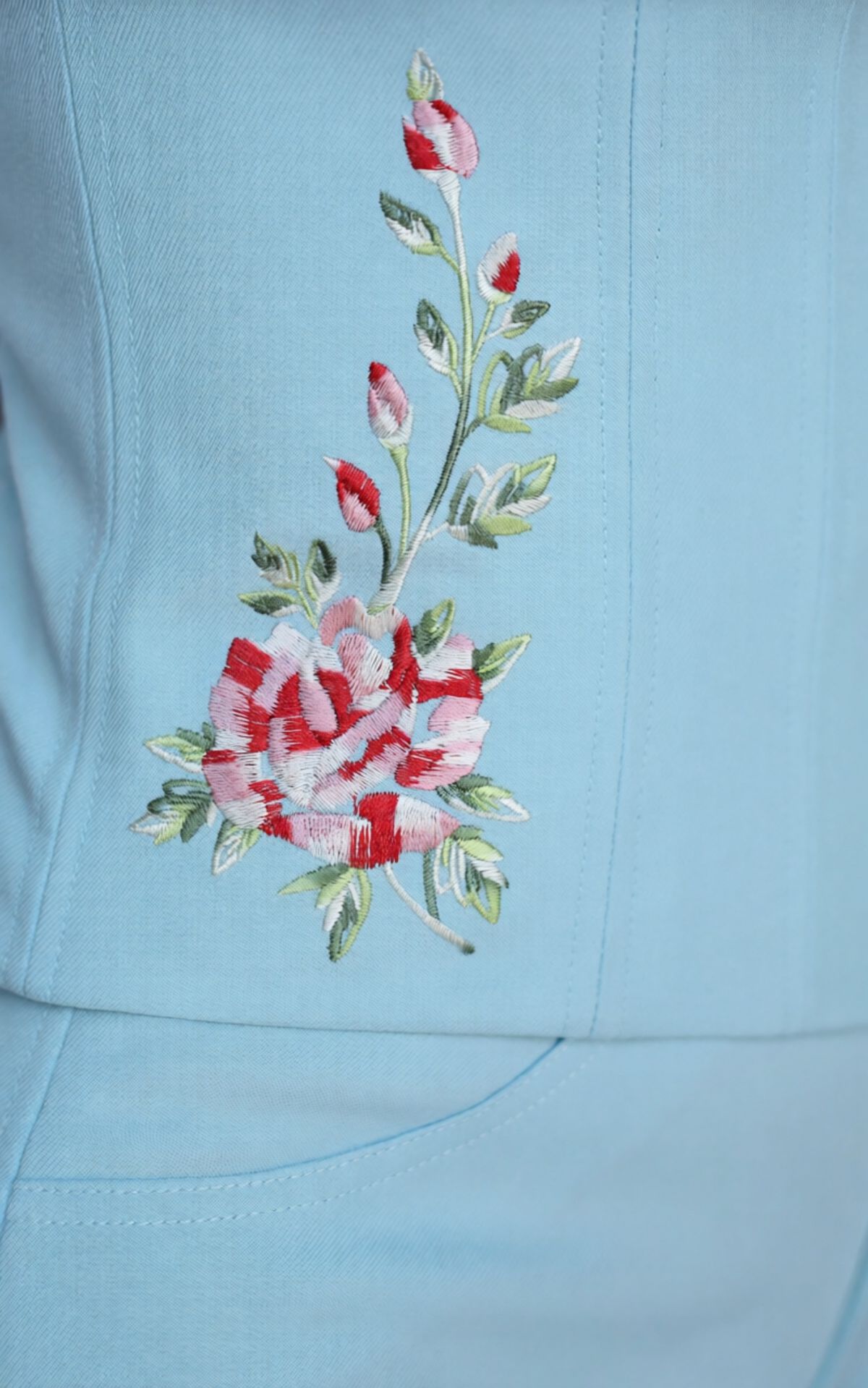 Close-up of the embroidered roses on the H Bar C Abilene blue corset.