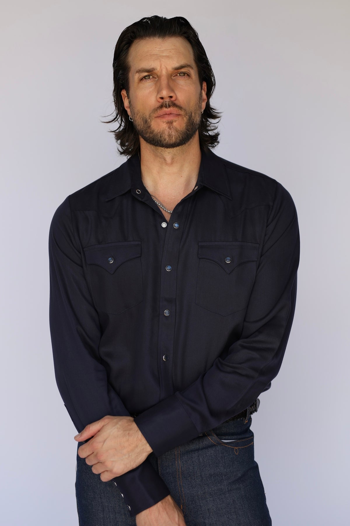 Front view of the H Bar C Denver navy western shirt with pointed pocket flaps and snap front.