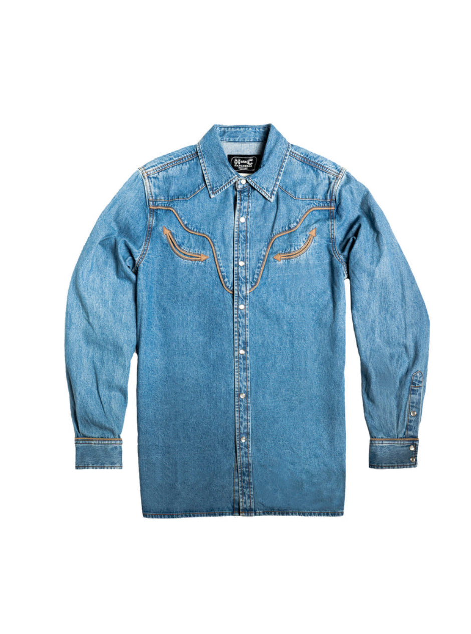 Product flat of the Rustler x H Bar C men's medium wash denim western shirt with piped yokes and pearl snaps.