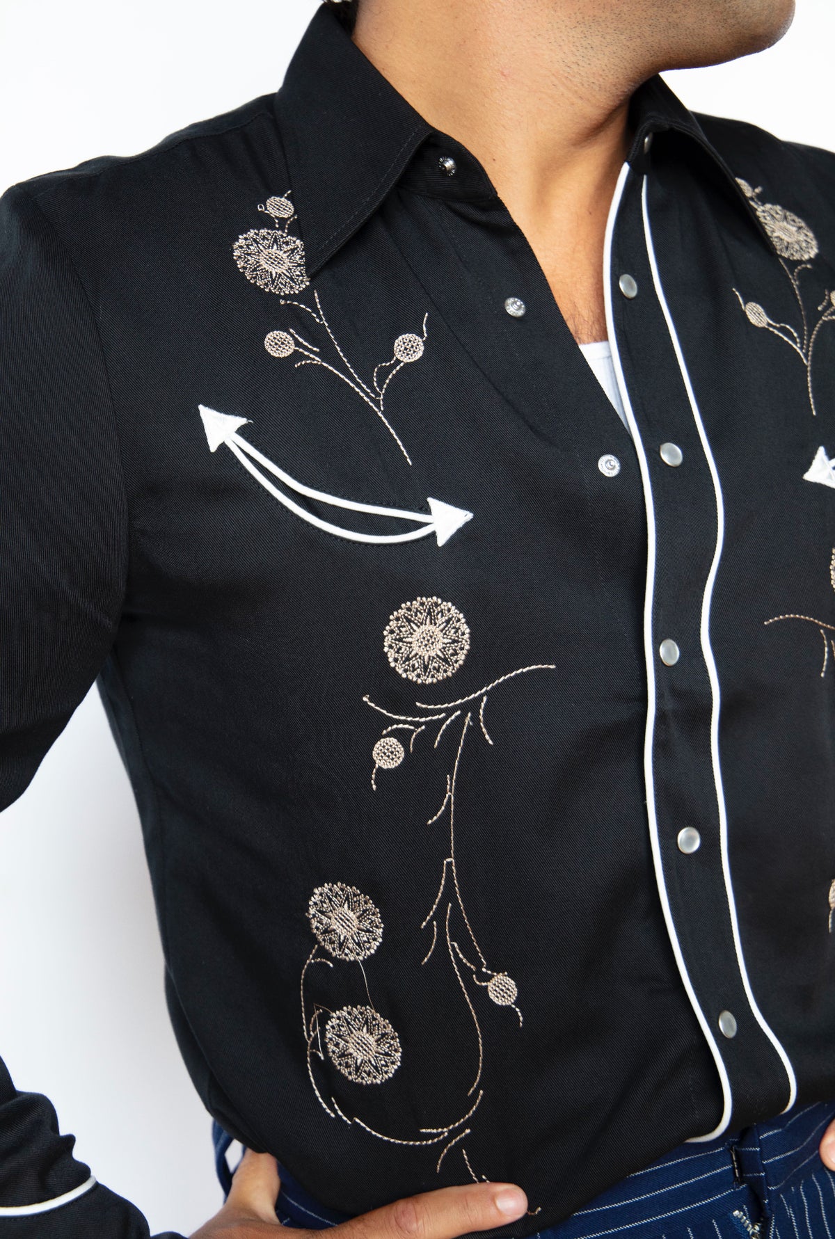 Close-up of the floral chain stitch and arrow tipped piping on the HBarC x Gibson J-200 men's shirt.