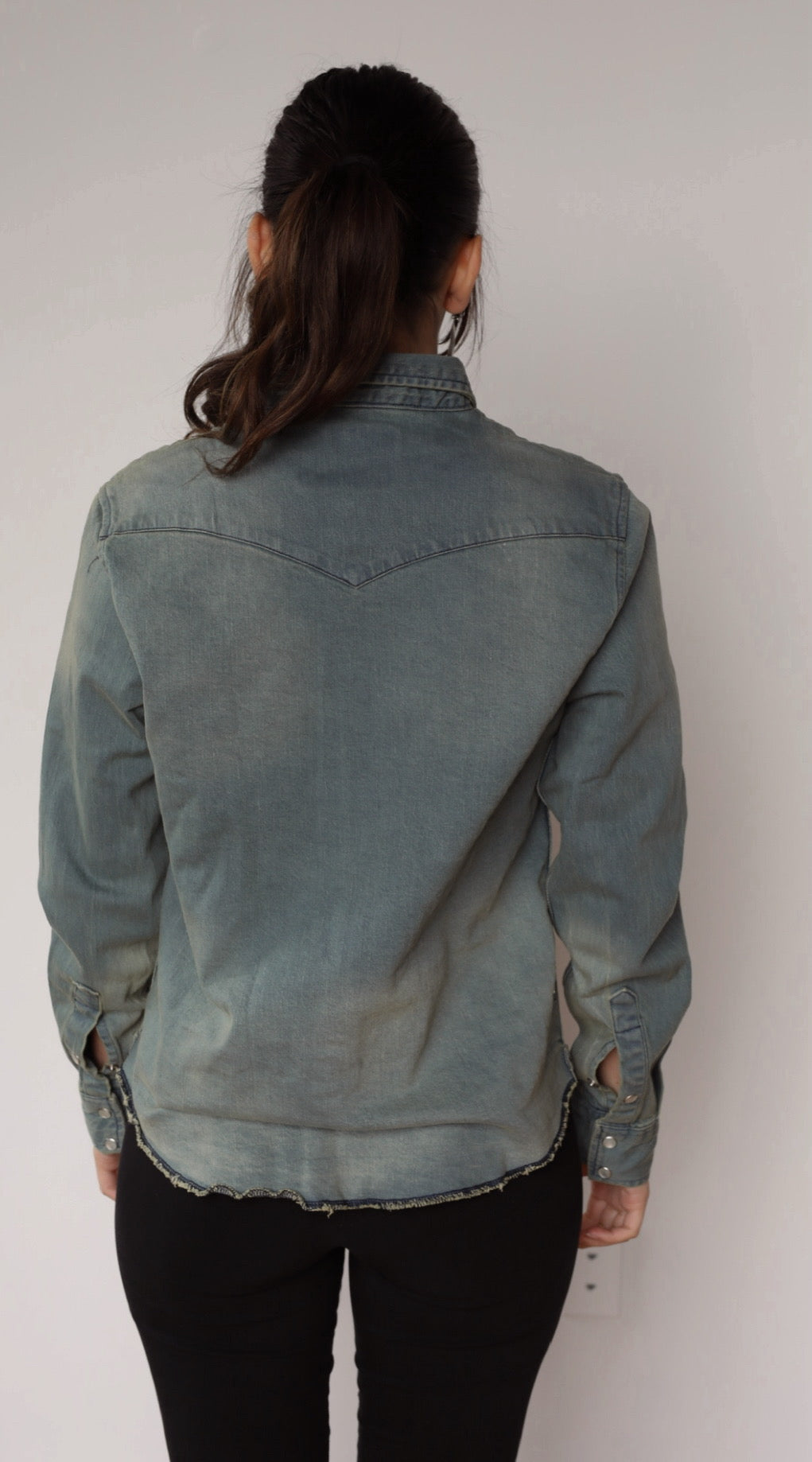 Back view of the H Bar C Resurgent women's stonewashed denim western shirt.