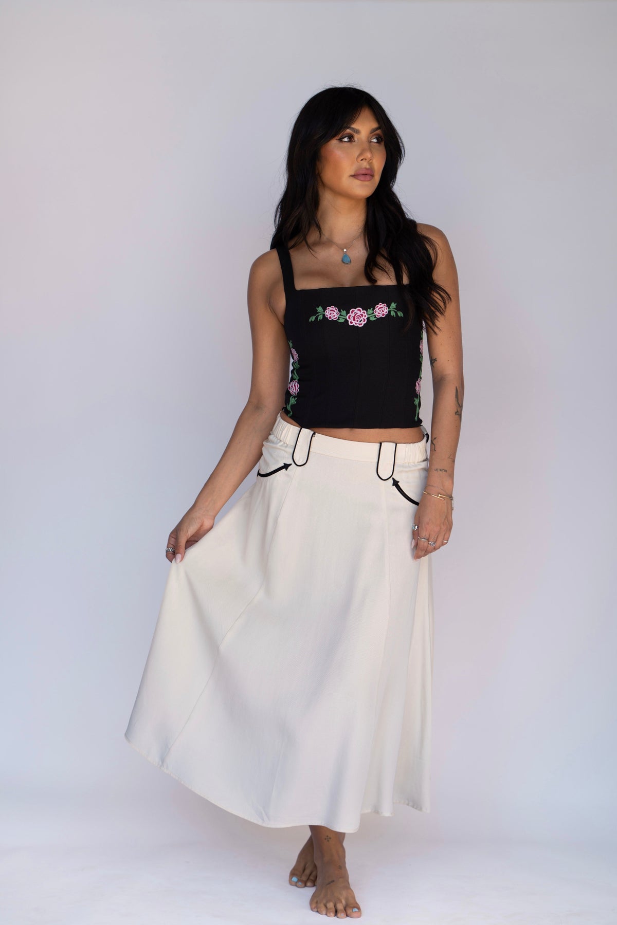 Full length view of the H Bar C Santa Fe off white 1940s style western skirt.