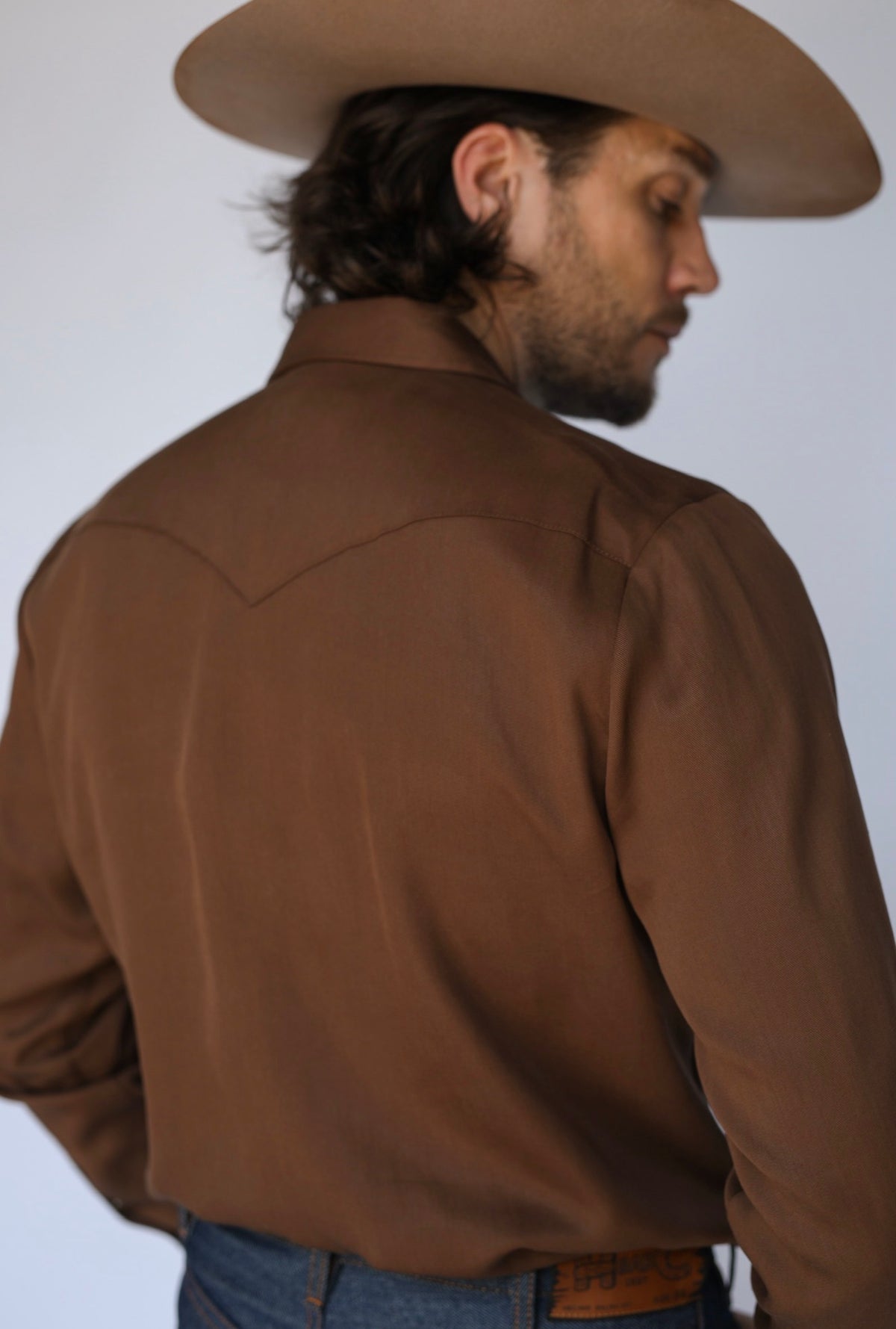Back shoulder and yoke detail of the H Bar C Denver chocolate Tencel shirt.