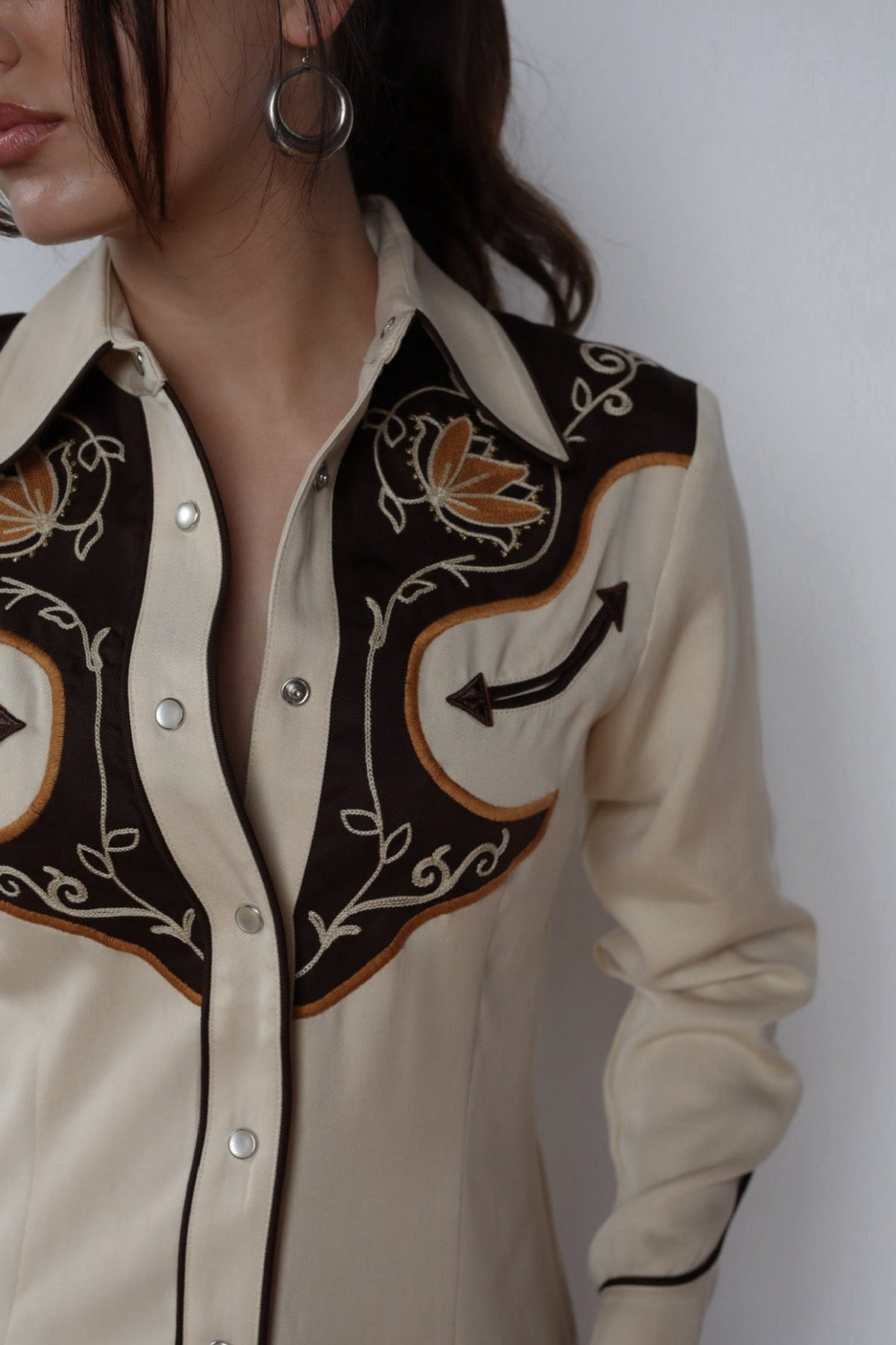 Close-up of the brown yoke and chain stitch embroidery on the H Bar C Santa Barbara women's beige shirt.