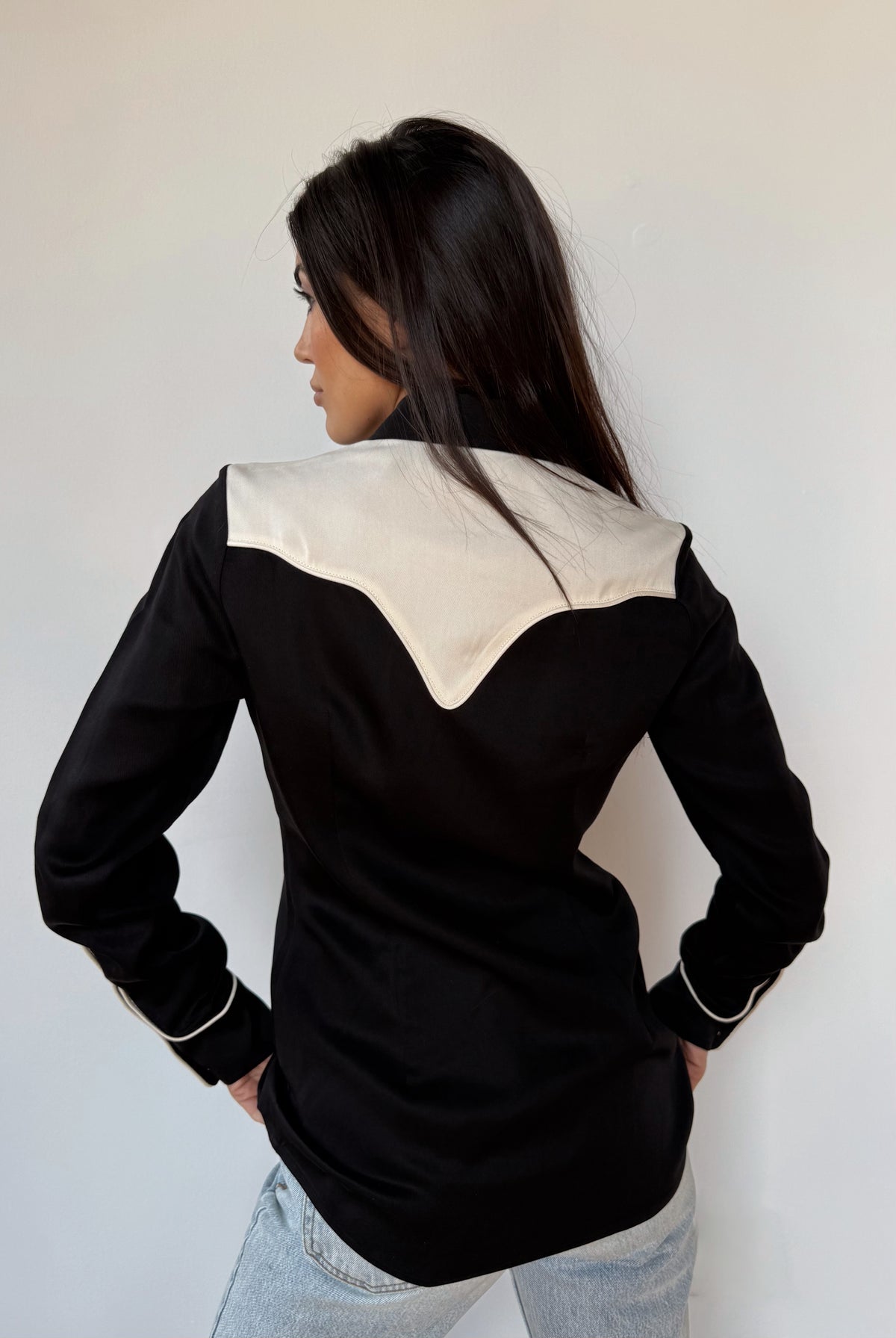 Back view of the H Bar C San Juan women's black shirt with contrasting off white back yoke.