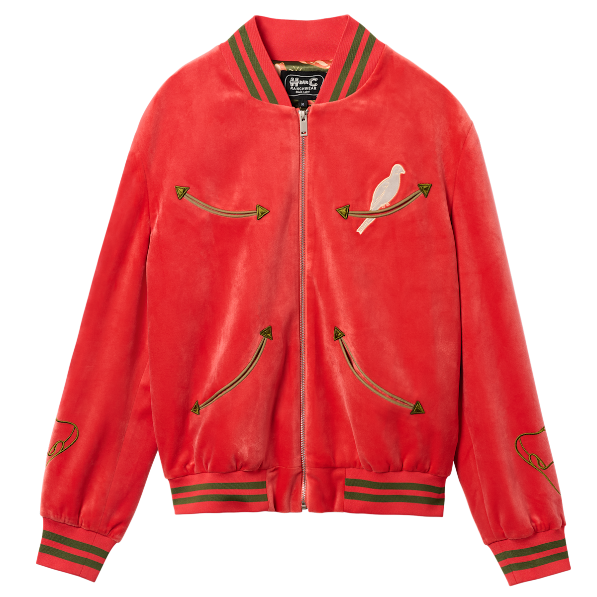 Flat lay front of the HBarC x Gibson Dove red tour jacket with chest dove embroidery and striped trim.