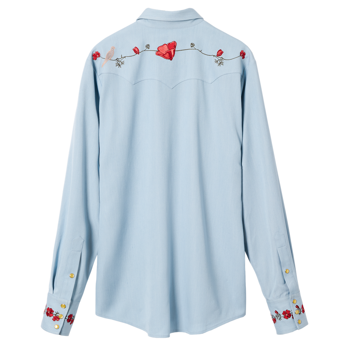 Flat lay back of the HBarC x Gibson Dove light blue western shirt with embroidered back yoke and cuffs.