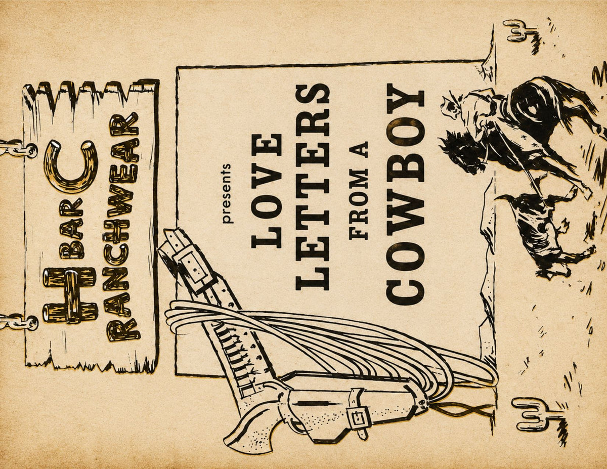 H Bar C Ranchwear Love Letters From a Cowboy vintage style postcard with signpost logo and cowboy illustration.