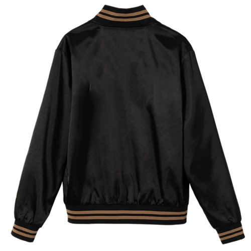 Flat back view of the HBarC x Gibson J-200 Odessa black satin unisex jacket.