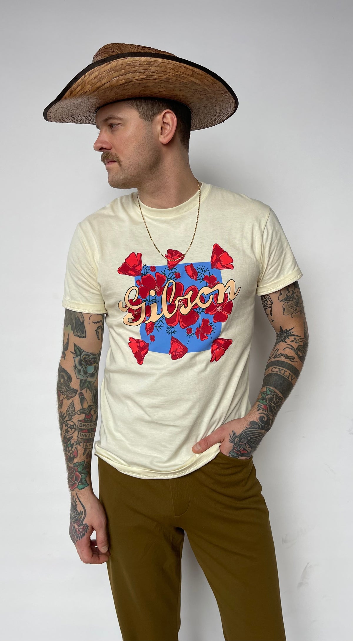 Three-quarter view of the HBarC x Gibson Dove cotton T-shirt with Gibson guitar inspired graphic.