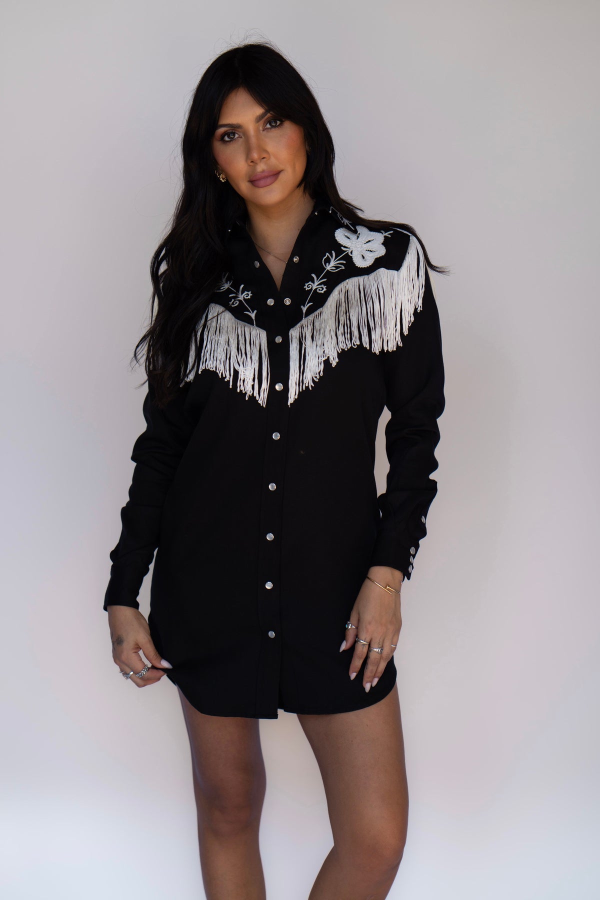 Front view of the H Bar C Roswell black fringe western shirt dress.
