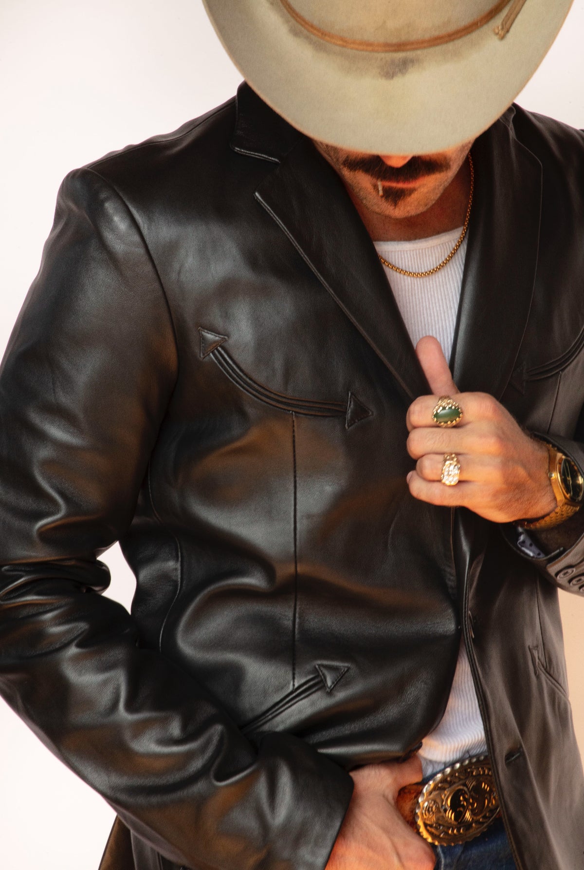 Close-up of the H Bar C Carson black lambskin leather western jacket.