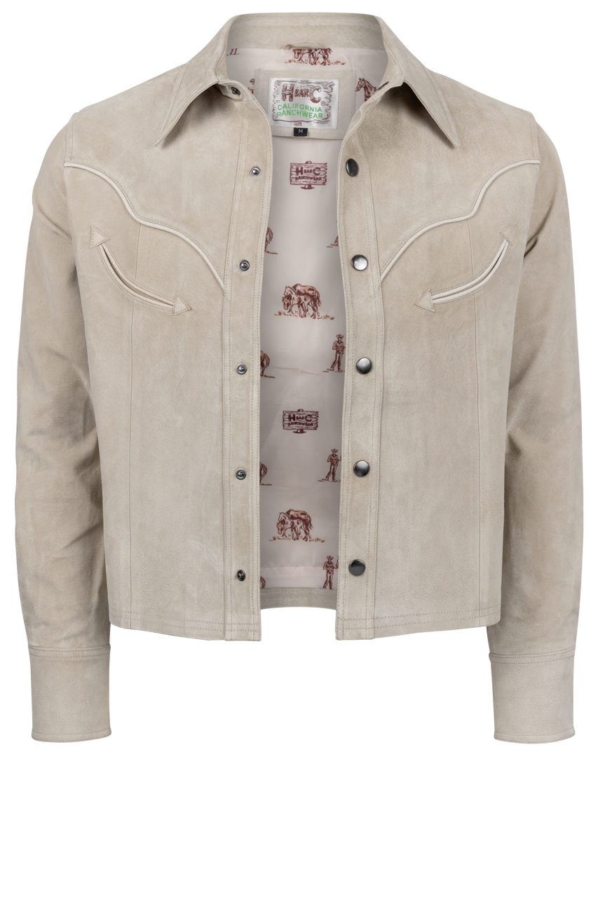 Ghost mannequin front of the H Bar C Austin stone suede western jacket showing the snap front and printed lining.