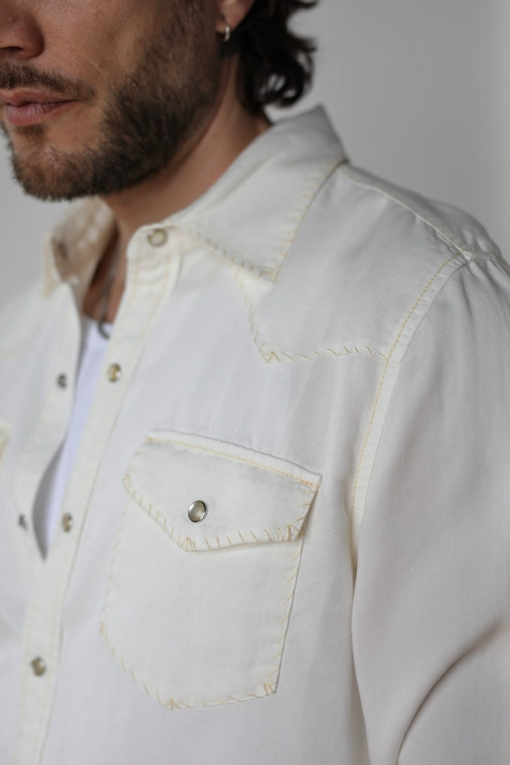 Close-up of the stitched flap pocket and snap on the H Bar C Brooklyn off-white western shirt.