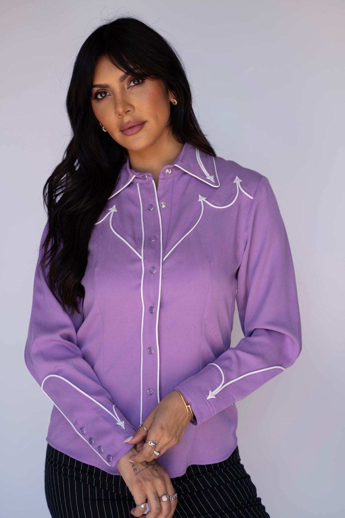 Front view of the H Bar C Lake Tahoe lavender women's shirt with pinstripe pants.