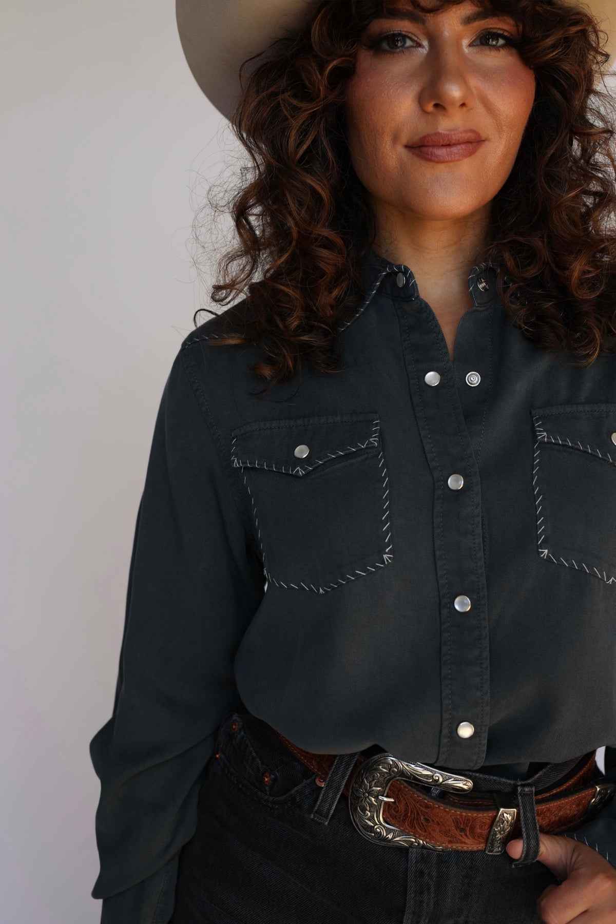 Close-up of the H Bar C Brooklyn charcoal shirt with stitched pockets and pearl snaps.