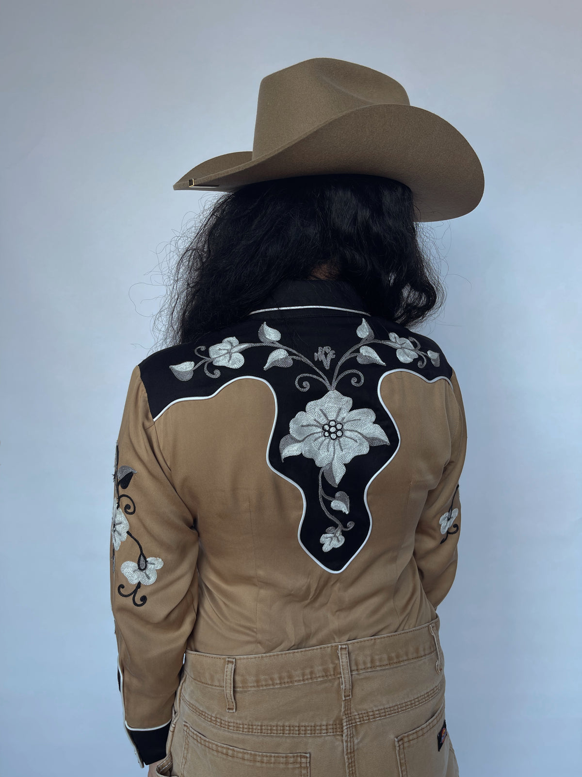 Back view of the H Bar C Santa Ana tan shirt with black embroidered back yoke.
